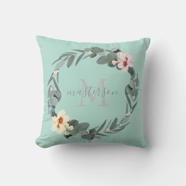 Elegant Mint Green Eucalyptus Floral Monogram Throw Pillow (Front)