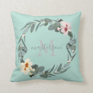 Elegant Mint Green Eucalyptus Floral Monogram Throw Pillow