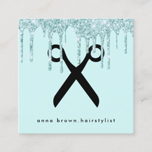 Elegant mint green glitter drips hairstylist square business card