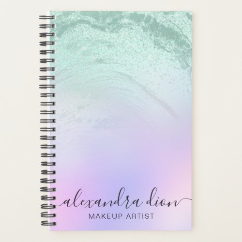 Elegant mint green glitter marble makeup artist planner