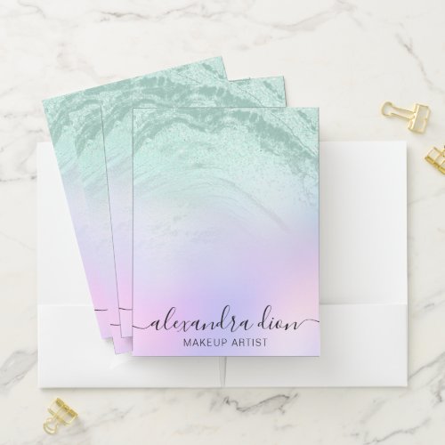 Elegant mint green glitter marble makeup artist pocket folder