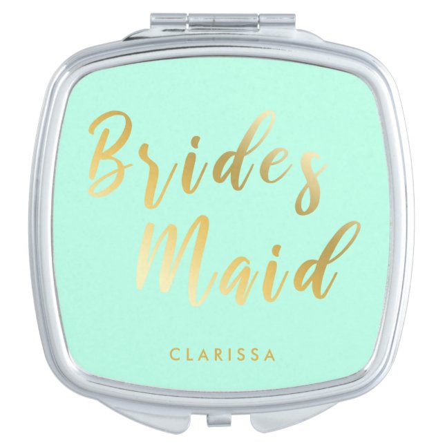Elegant mint green & gold bridesmaid compact mirror (Front)