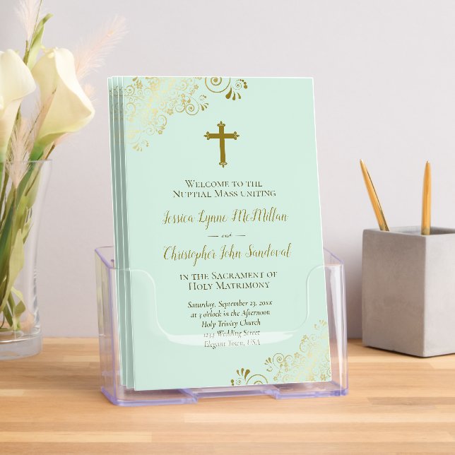 Elegant Mint Green & Gold Catholic Wedding Program Brochure (Insitu)