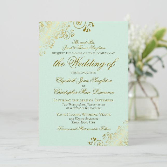 Elegant Mint Green & Gold Classic Formal Wedding Invitation (Standing Front)