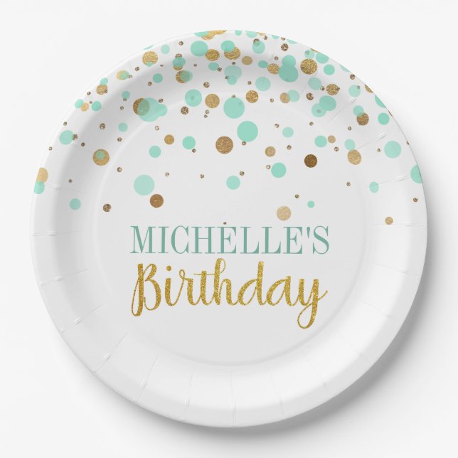 Elegant Mint Green Gold Confetti Girl Birthday Paper Plates (Front)