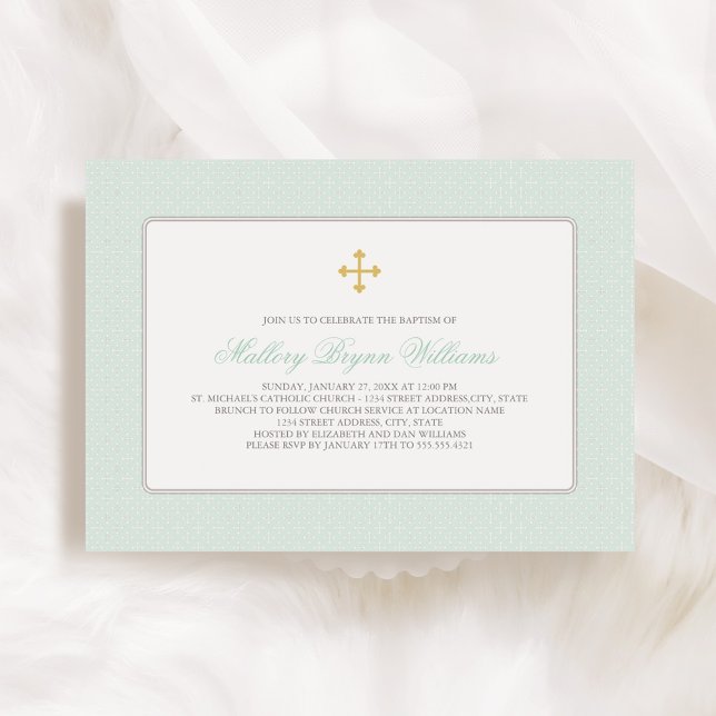 Elegant Mint Green Gold Cross Pattern Baptism Invitation (Creator Uploaded)
