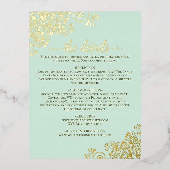 Elegant Mint Green Gold Foil Wedding Details Card (Front)
