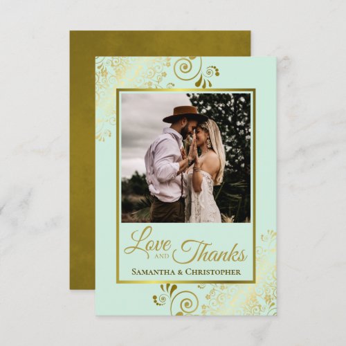 Elegant Mint Green  Gold Love  Thanks Wedding Thank You Card