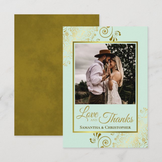 Elegant Mint Green & Gold Love & Thanks Wedding Thank You Card (Front/Back)