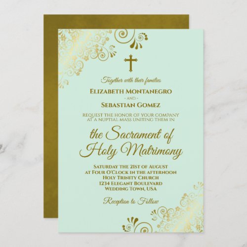 Elegant Mint Green  Gold Modern Catholic Wedding Invitation