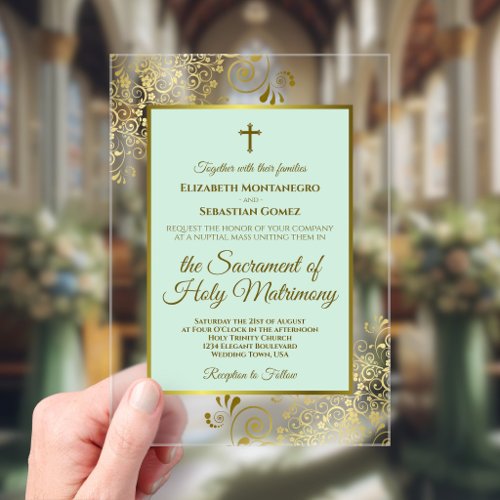 Elegant Mint Green & Gold Ornate Catholic Wedding Acrylic Invitations