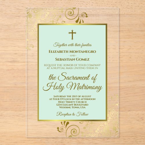 Elegant Mint Green &amp; Gold Ornate Catholic Wedding Acrylic Invitations