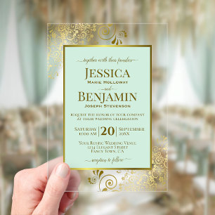 Elegant Mint Green & Gold Stylish Text Wedding Acrylic Invitations