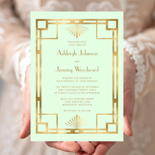 Elegant Mint Green Gold Vintage 1920s Deco Wedding Invitation