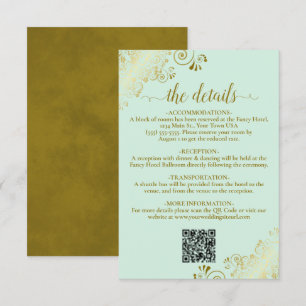 Elegant Mint Green & Gold Wedding QR Code Details Enclosure Card