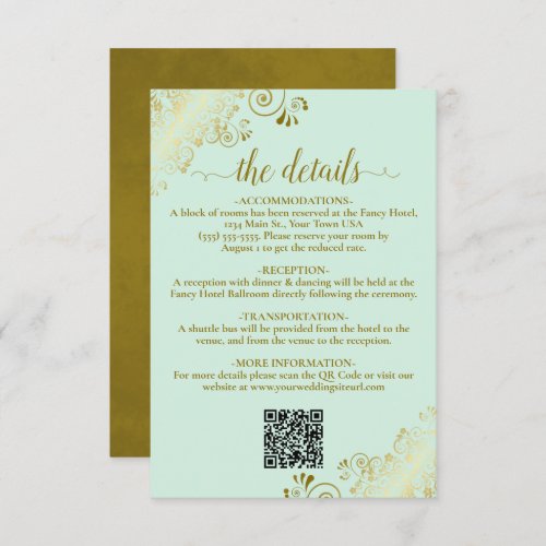 Elegant Mint Green  Gold Wedding QR Code Details Enclosure Card
