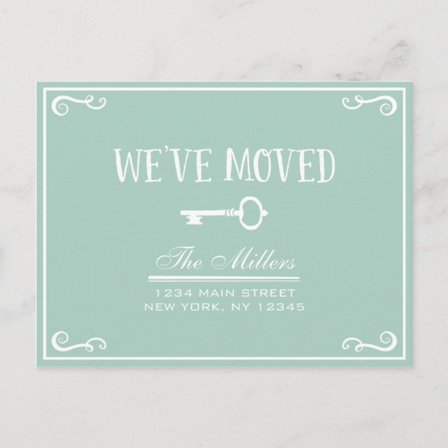 Elegant Mint Green Key Moving Announcement Postcard (Front)