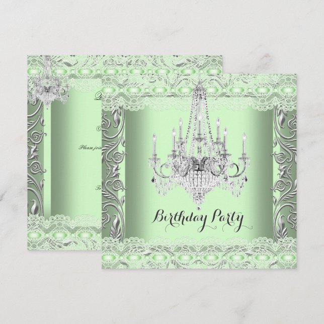 Elegant Mint Green Lace Chandelier Birthday Party Invitation (Front/Back)