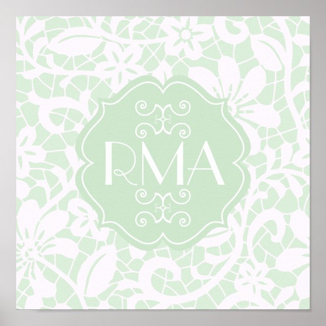 Elegant Mint Green Lace Personalized Monogram Poster (Front)