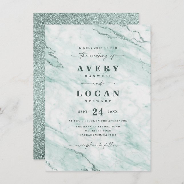 Elegant Mint Green Marble & Glitter Wedding Invitation (Front/Back)