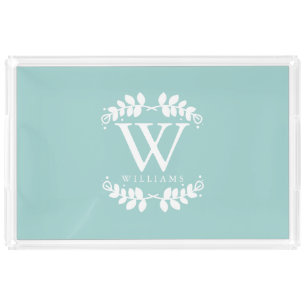 Elegant Mint Green Modern Monogram Acrylic Tray