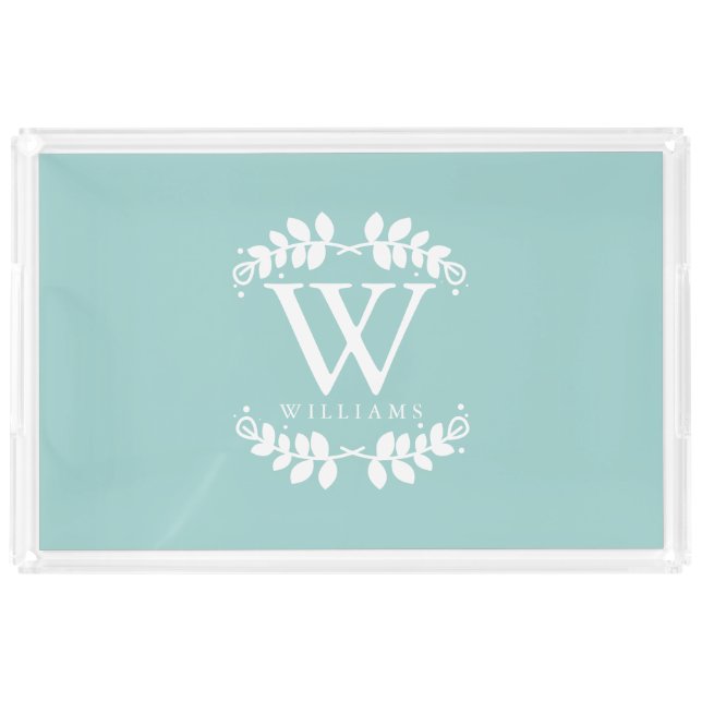 Elegant Mint Green Modern Monogram Acrylic Tray (Front)