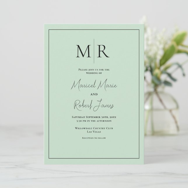 Elegant Mint Green Monogram Modern Wedding Invitation (Standing Front)