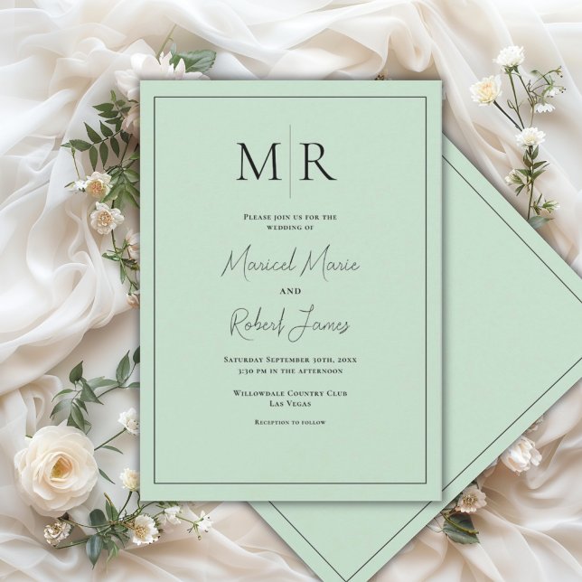 Elegant Mint Green Monogram Modern Wedding Invitation (Creator Uploaded)