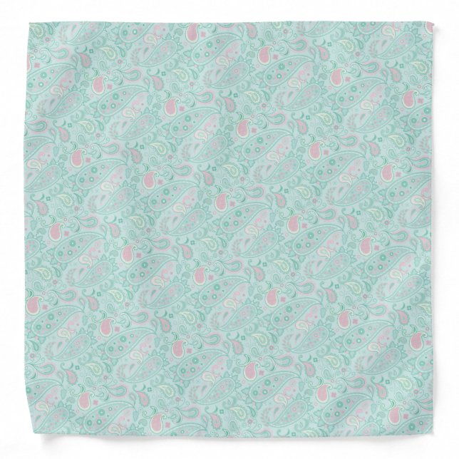 Elegant Mint Green & Pink Floral Paisley Bandana (Front)