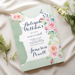 Elegant mint green pink watercolor floral Wedding Invitation