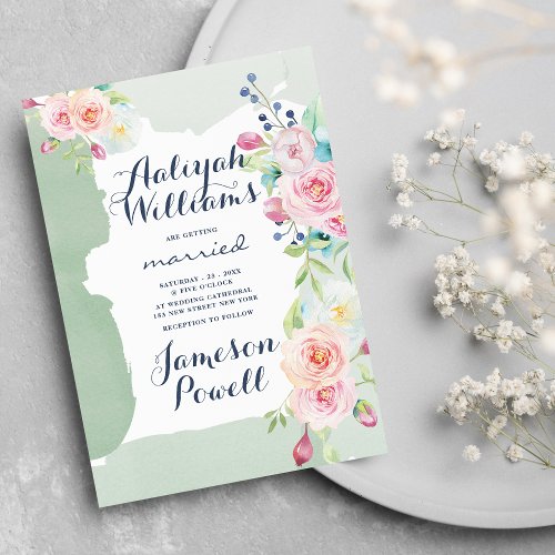 Elegant mint green pink watercolor floral Wedding Invitation