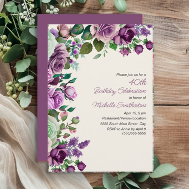 Elegant Mint Green Purple Floral 40th Birthday Invitation (Purple floral and mint green leaves 40th birthday party invitation)