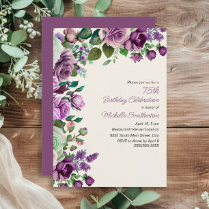 Elegant Mint Green Purple Floral 75th Birthday Invitation