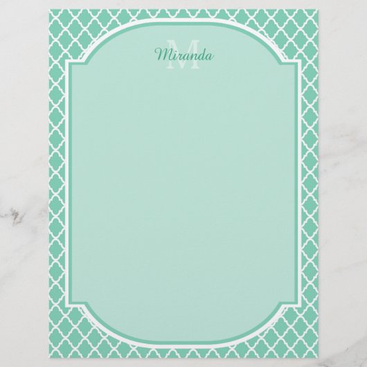 Elegant Mint Green Quatrefoil Monogram With Name (Front)