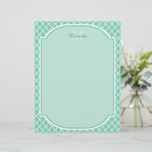 Elegant Mint Green Quatrefoil Monogram With Name (Standing Front)
