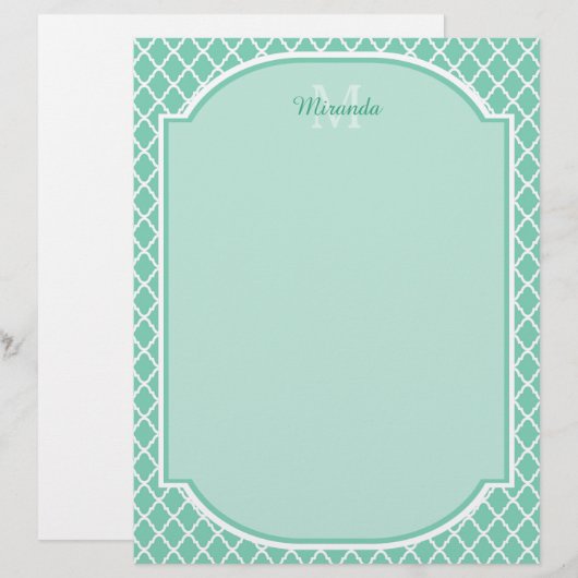 Elegant Mint Green Quatrefoil Monogram With Name (Front/Back)