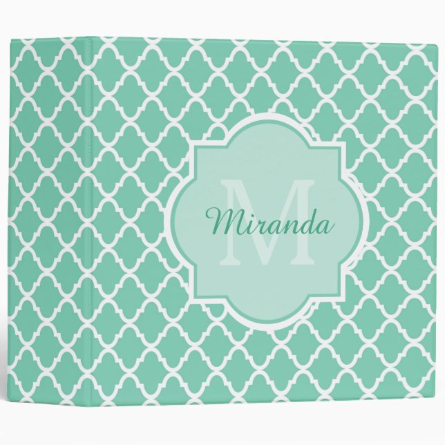 Elegant Mint Green Quatrefoil Monogram With Name Binder (Front/Spine)