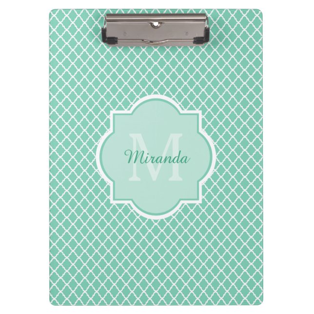 Elegant Mint Green Quatrefoil Monogram With Name Clipboard (Front)