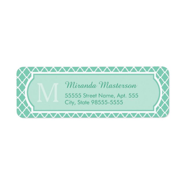 Elegant Mint Green Quatrefoil Monogram With Name Label (Front)
