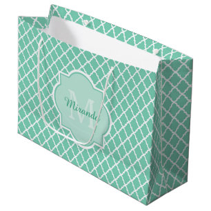 Elegant Mint Green Quatrefoil Monogram With Name Large Gift Bag