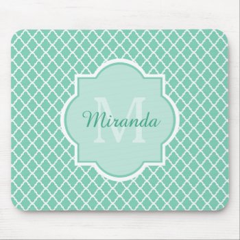 Elegant Mint Green Quatrefoil Monogram With Name Mouse Pad by ohsogirly at Zazzle