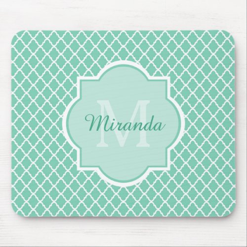 Elegant Mint Green Quatrefoil Monogram With Name Mouse Pad