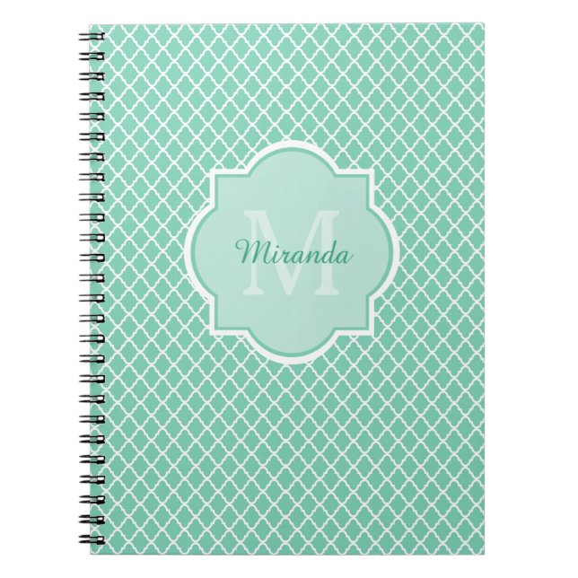Elegant Mint Green Quatrefoil Monogram With Name Notebook (Front)