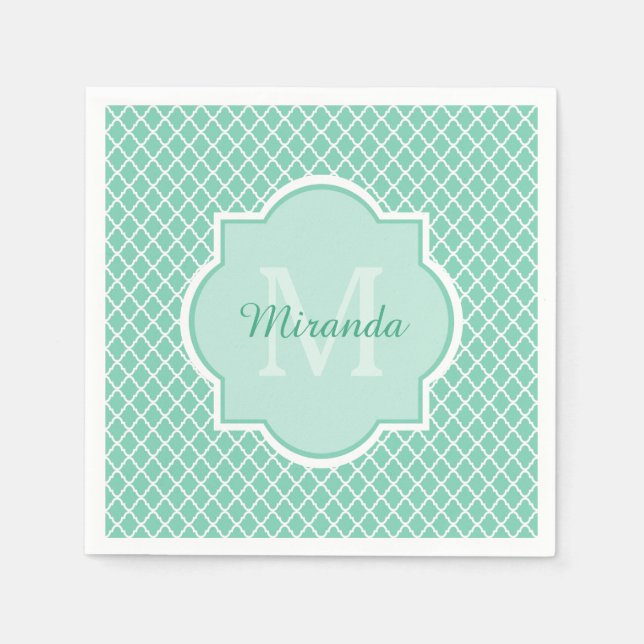 Elegant Mint Green Quatrefoil Monogram With Name Paper Napkins (Front)