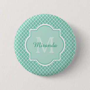 Elegant Mint Green Quatrefoil Monogram With Name Pinback Button