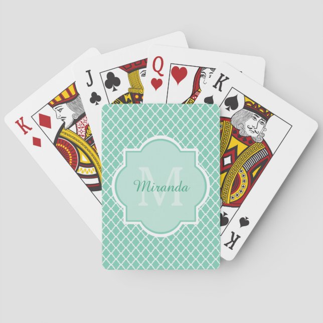 Elegant Mint Green Quatrefoil Monogram With Name Poker Cards (Back)