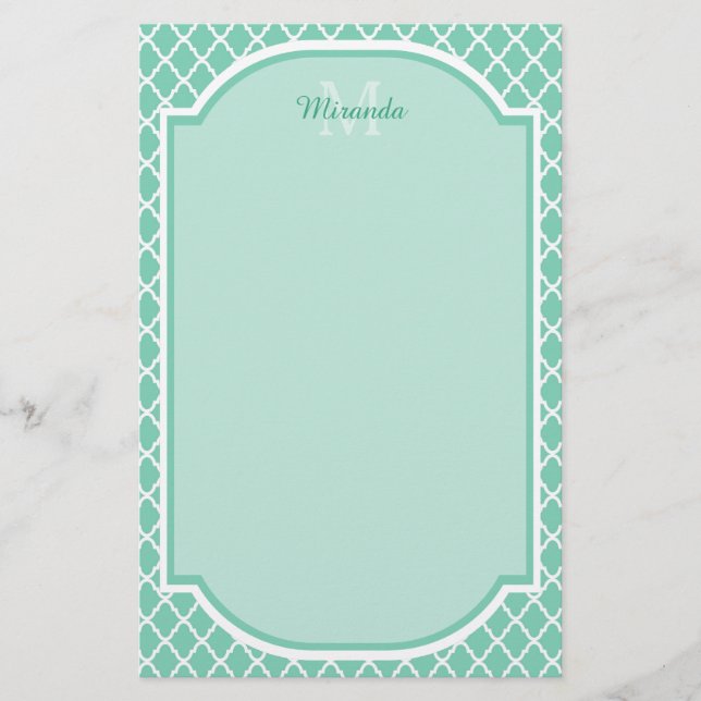 Elegant Mint Green Quatrefoil Monogram With Name Stationery (Front)