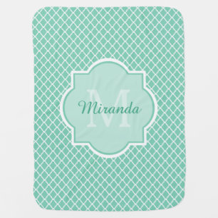 Elegant Mint Green Quatrefoil Monogram With Name Swaddle Blanket