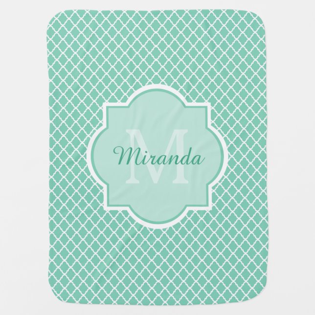 Elegant Mint Green Quatrefoil Monogram With Name Swaddle Blanket (Front)