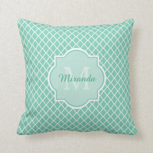 Elegant Mint Green Quatrefoil Monogram With Name Throw Pillow